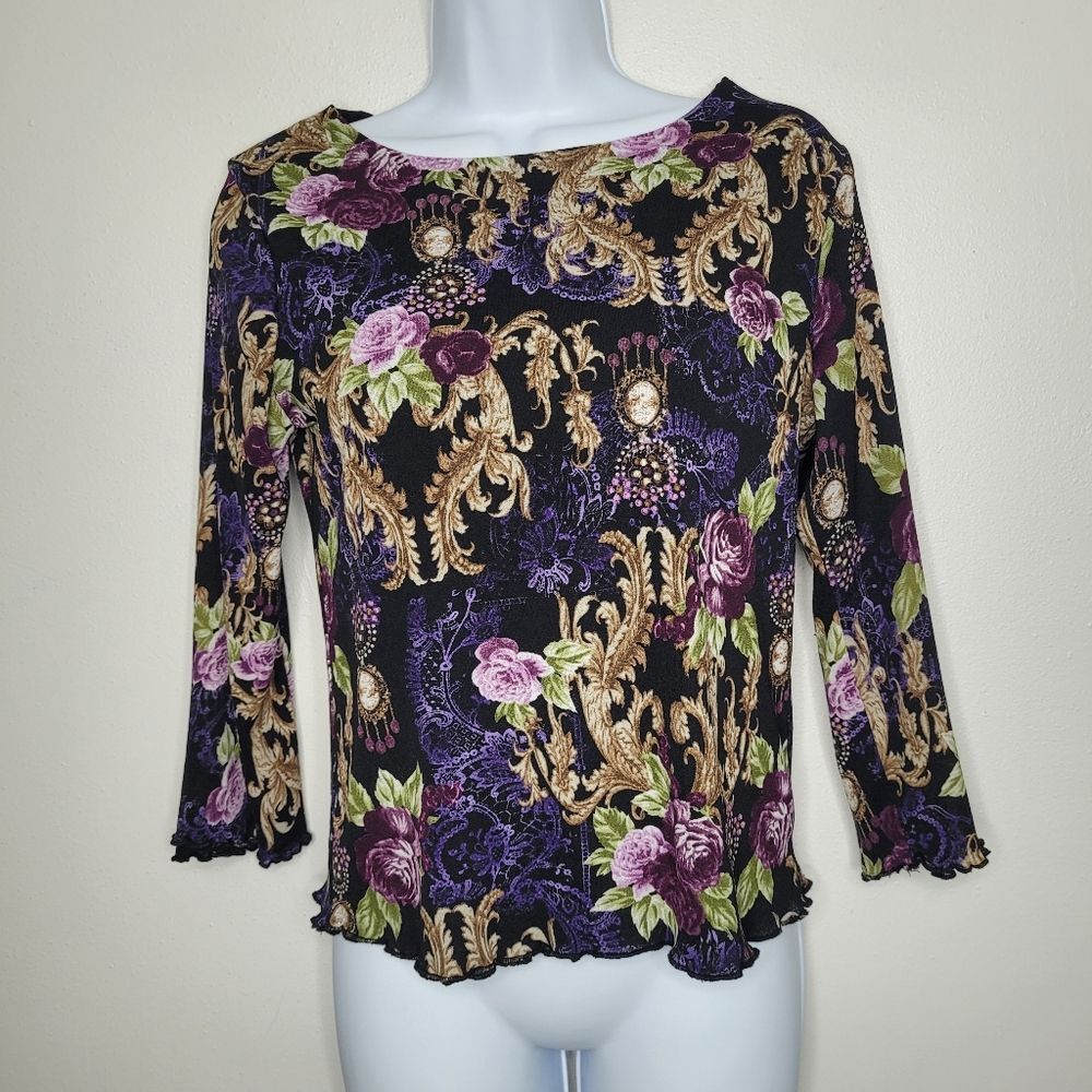 Vintage y2k dark romantic witchy floral 3/4 sleeve grunge top size small